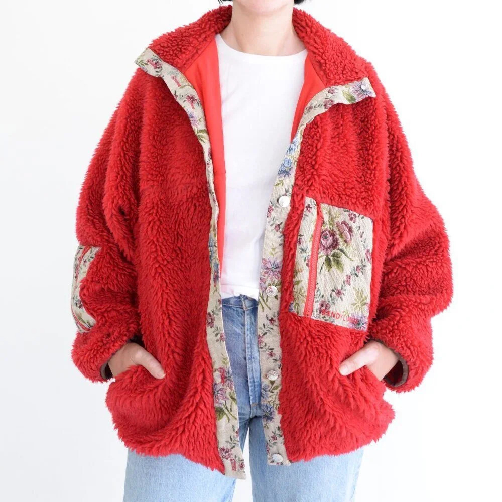 Sandy Liang Boxbox Red Fleece Snap Front Floral Patchwork Teddy Bear Jacket M